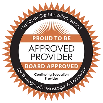 Badge declaring the clinic to be an Approved Provider of the national Certification Board for Therapeutic Massage & Bodywork