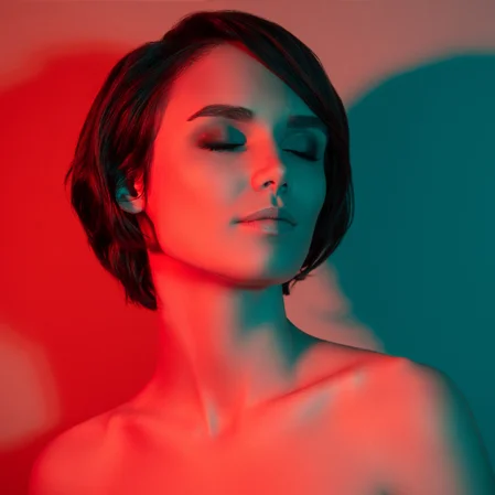 A woman stands with her head turned and eyes closed, relaxing in red light
