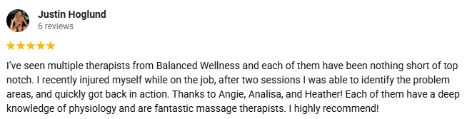 Massage Therapy Brentwood CA Testimonial Justin H A 5-star Google review for Balanced Wellness & Beauty praising the knowledgeable team and expert care