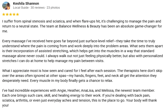 Massage Therapy Brentwood CA Testimonial Keshila S A 5-star Google review for Balanced Wellness & Beauty praising the effectiveness of the treatment