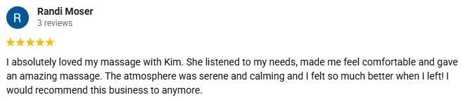 Massage Therapy Brentwood CA Testimonial Randi M A 5-star Google review for Balanced Wellness & Beauty praising the serene and calming atmosphere