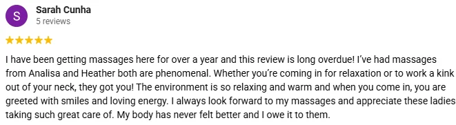 Massage Therapy Brentwood CA Testimonial Sarah C A 5-star Google review for Balanced Wellness & Beauty praising the relaxing environment and excellent care